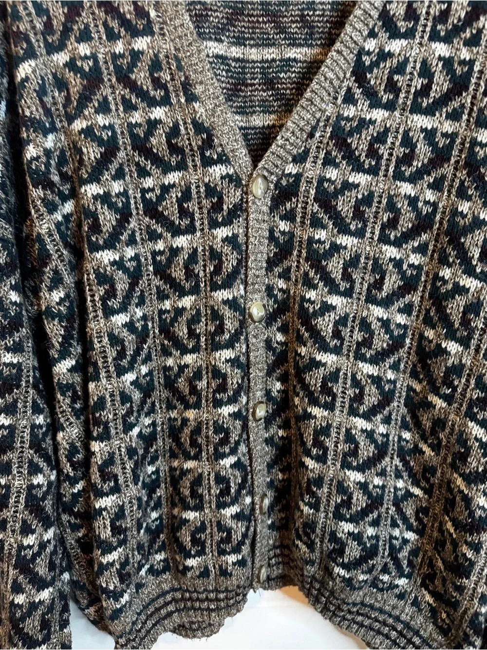David Taylor Cardigan Mens Brown Black Geometric Jacquard Knit Grandpa Sweater